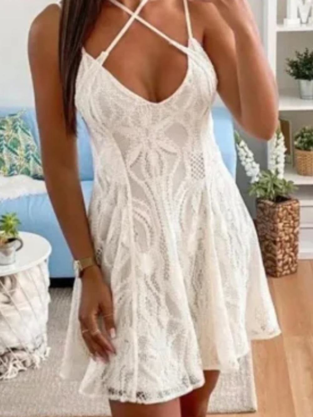 Zara Women's White Lace Slip Dress with Crisscross Straps